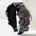 Diadema de terciopelo barroco con flores de mariposa de cristal y diamantes - Negro