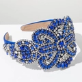 Cerchietto barocco in raso blu con strass floreali blu scuro e bianchi scintillanti - Blu