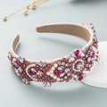 Baroque style wide headband with pink crystals and pearls on elegant satin fabric - Pink Multi
