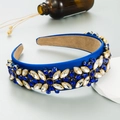 Deep blue wide headband featuring sparkling crystal flower embellishments for women - Blue