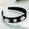 Diadema ancha de satén negro barroco con perlas elegantes y flores de diamantes de imitación - Estilo Ancho Negro / Negro