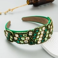 Luxury Baroque style green satin wide headband with sparkling crystal rhinestones for women - Green