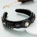 Cerchietto largo in velluto barocco con cristalli blu e perle in stile vintage - Nero