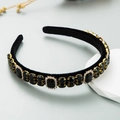 Detail of baroque black velvet headband featuring luxury colorful crystals in gold settings - Black