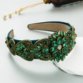 Vintage Baroque wide headband featuring emerald green crystals and gold floral settings - Green