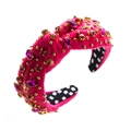 Vintage baroque magenta velvet headband with knotted crystals and gold Angel lettering - Rose Red