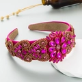Baroque wide headband with rose red crystals and handcrafted floral beadwork pattern - Rose Red