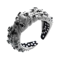 Close-up of gray velvet headband with beads, rhinestones and metal Angel logo - Gray