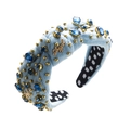 Detail of light blue velvet headband with navy blue rhinestones and gold Angel metal badge - Light Blue