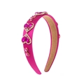 Detail of rose red satin wide headband with rhinestone heart jewels and gold settings - Rose Red