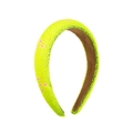 Detail of neon green beaded headband with pink flower embroidery and non-slip lining - Yellow