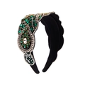 Baroque wide headband with dark green crystal rhinestones and flower petal patterns - Green