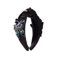 French style black beaded headband with luxury crystal butterfly and fabric flowers - Black