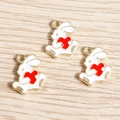 Three cute white alloy rabbit charms with red hearts and gold trim for DIY jewelry - 10 Pieces Pack / Red