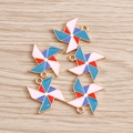 Colorful windmill alloy drip oil charms with golden base for DIY necklace pendants - 10 Pieces Pack / Blue