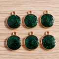 Set of 6 round gold plated alloy pendants with dark green glitter resin for DIY jewelry - 10 Pieces Pack / Green