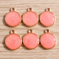 Set of 6 round geometric alloy pendants with pink glitter resin in golden metal frames - 10 Pieces Pack / Deep Pink
