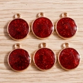 Detail of circular red glitter alloy pendants with gold frames for DIY jewelry making - 10 Pieces Pack / Red