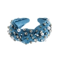 Cerchietto annodato in denim di lusso con perle bianche e strass scintillanti da donna - Denim / Blu