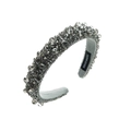 Close-up of handmade gray crystal beaded headband with a luxury sponge interior and woven label - Gray
