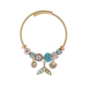 Macro detail of gold steel ocean bracelet with blue rhinestones and shell charm - Blue Ocean Fish Tail (Shell) / Blue