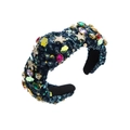 Detail of wide blue denim headband with colorful rhinestones and gold metal stars - Navy Blue