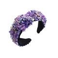 Detailed view of purple Baroque headband featuring intricate hand-sewn sequins and beads - Purple