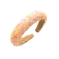 Close-up of pink and yellow sequined thick headband with soft brown suede inner lining - Pink Yellow