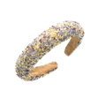 Detail of glitter headband with colorful resin sequins and soft brown lining - Purple & Yellow