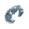 Baroque denim headband featuring blue wash fabric with crystal rhinestones and pearls - Blue