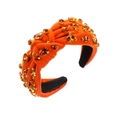 Details des orangen Samthaarbands mit Bernstein-Kristallen und goldenen Perlen - Orange