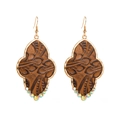 Bohemian leaf pattern drop earrings with brown embossed texture and crystal accents - Brown Embossed Texture / Coffee