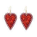 Sparkly red heart earrings with crystals and golden hooks against a white background - Red
