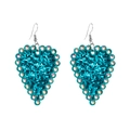 Detail of heart drop earrings with turquoise glitter and colorful rhinestones - Blue