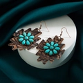Retro faux leather earrings with floral turquoise stone on a bronze-tone metal hook - Dark Coffee