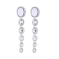 Macro view of long multi-layer silver fringe earrings with clear crystal drop details - White