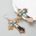 Detail of leopard print leather earrings with silver cross and turquoise stone - Light Leopard Pattern Style / Light Coffee