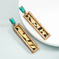 Retro geometric rectangle earrings with turquoise, leopard print leather and beads - Coffee