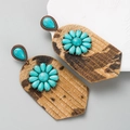 Boucles d'oreilles bohèmes léopard avec fleur turquoise et longues franges - Style Imprimé Léopard (Café)