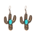 Vintage copper-plated cactus earrings with turquoise stones and western ethnic style - Blue
