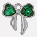 Detailed macro shot of bow pendant in 304 stainless steel with green heart crystals - Green Silver Base (S2025-S-G)