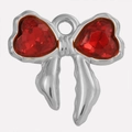 Close-up of a silver bow pendant with red heart-shaped crystals for jewelry making - Red Silver Base (S2025-S-R)