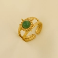 Detailed macro of vintage 304 stainless steel gold ring with sunburst and green stone - Green Natural Stone (J816-G-G)