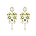 Vintage baroque gold floral earrings with green emerald gems and pearl tassel fringes - Green