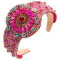Detail of luxury wide headband featuring pink crystal flowers and colorful rhinestone gems - Rose Red