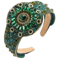 Luxury Baroque style dark green rhinestone padded headband with crystal flower pattern - Green