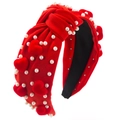 Cerchietto rosso con nodo, perle bianche e cuori di velluto 3D su sfondo bianco - Rosso