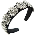 Cerchietto vintage in velluto nero con brillanti fiori di cristallo e strass luminosi - Versione Larga