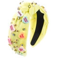Detail of yellow knotted headband with colorful love heart beads and white pearls - Yellow
