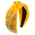 Detailed view of yellow knotted headband with hand-sewn gold beads and floral sequins - Yellow